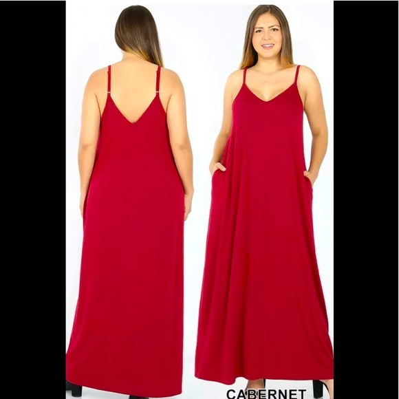 Zenana Outfitters Dresses & Skirts - PlusV Neck Maxi W/Pockets Dress Cabernet Various